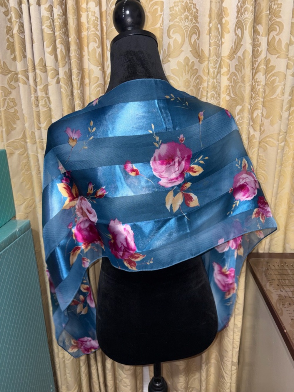 Vintage 90Midnight Garden Romance | Vintage 1990s Teal Satin Striped Floral Wrap